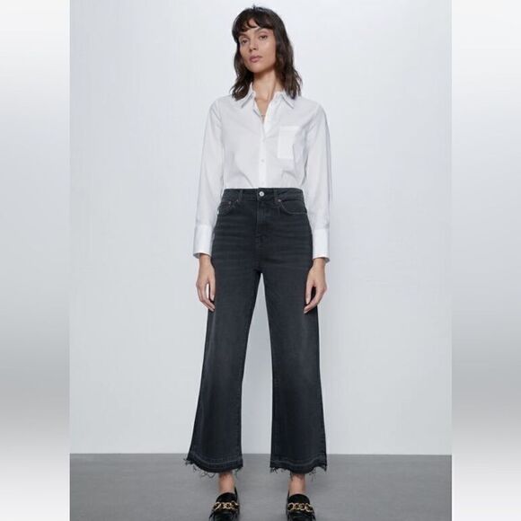 Zara High Waist Raw Hem Culotte Jeans Carbon Black 8 - Picture 1 of 7